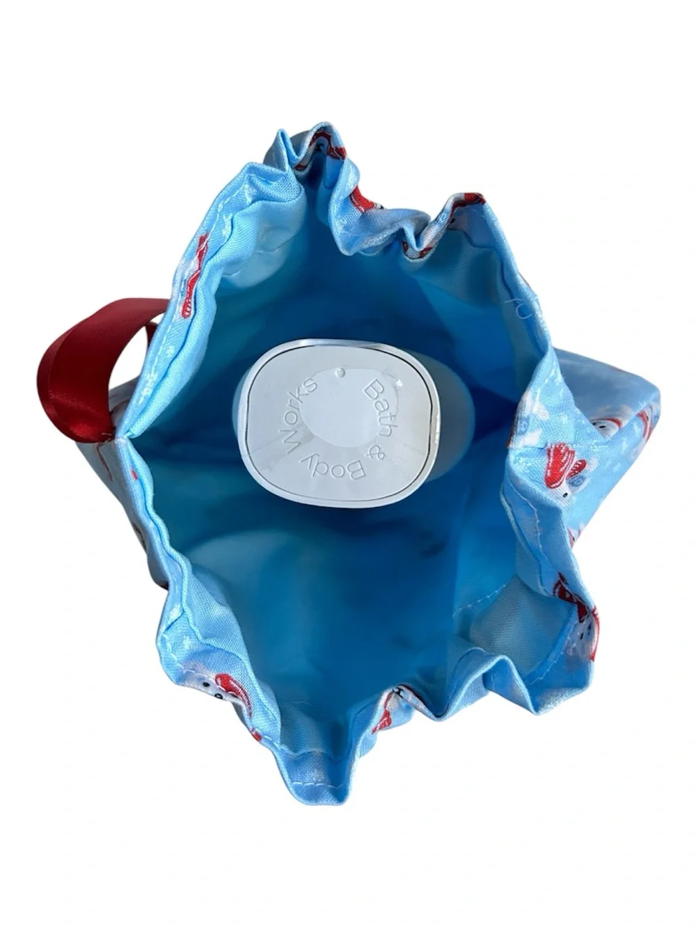 Hand Crafted Blue Snowman Drawstring Gift Bag Red Ribbon Eco Friendly Reusable